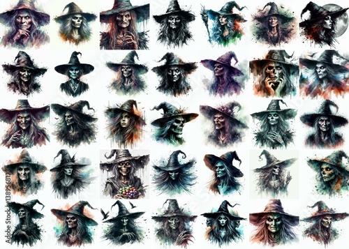 Witch nightmare portrait. Watercolor drawing. AI generated illustration