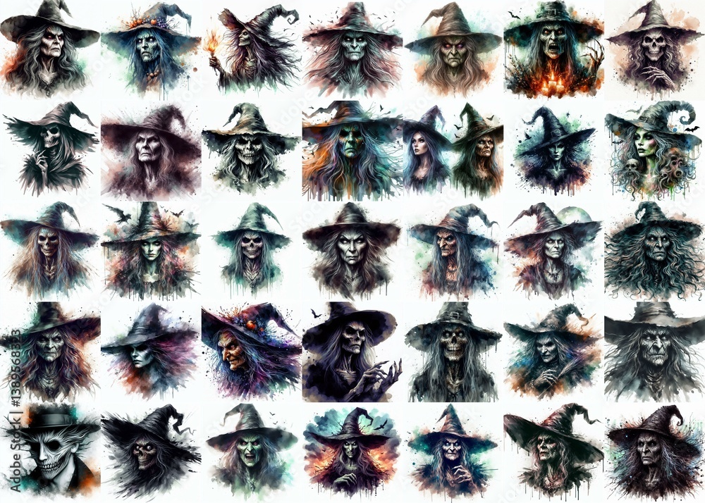 Witch nightmare portrait. Watercolor drawing. AI generated illustration