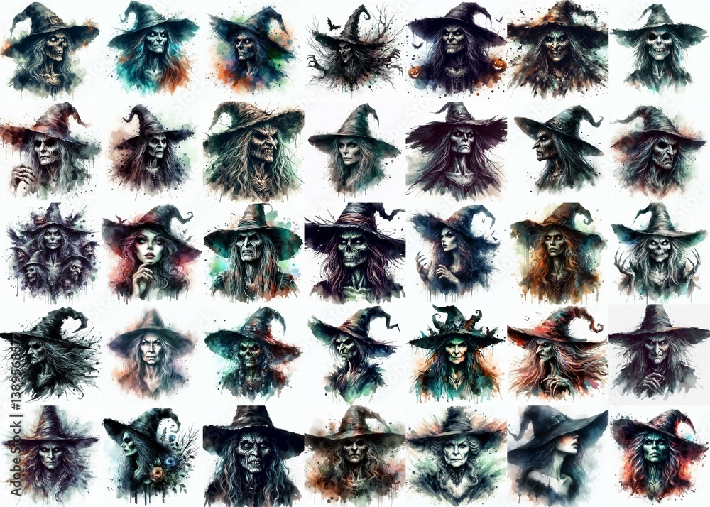 Witch nightmare portrait. Watercolor drawing. AI generated illustration