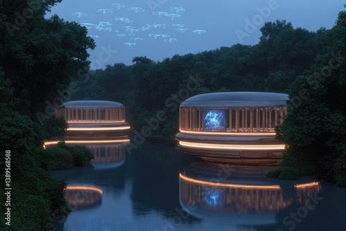 Futuristic buildings reflect on tranquil water, surrounded by lu