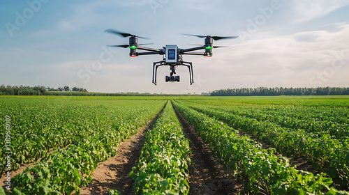 A modern automated farming system, AI-controlled drones monitoring crops, Agricultural tech style