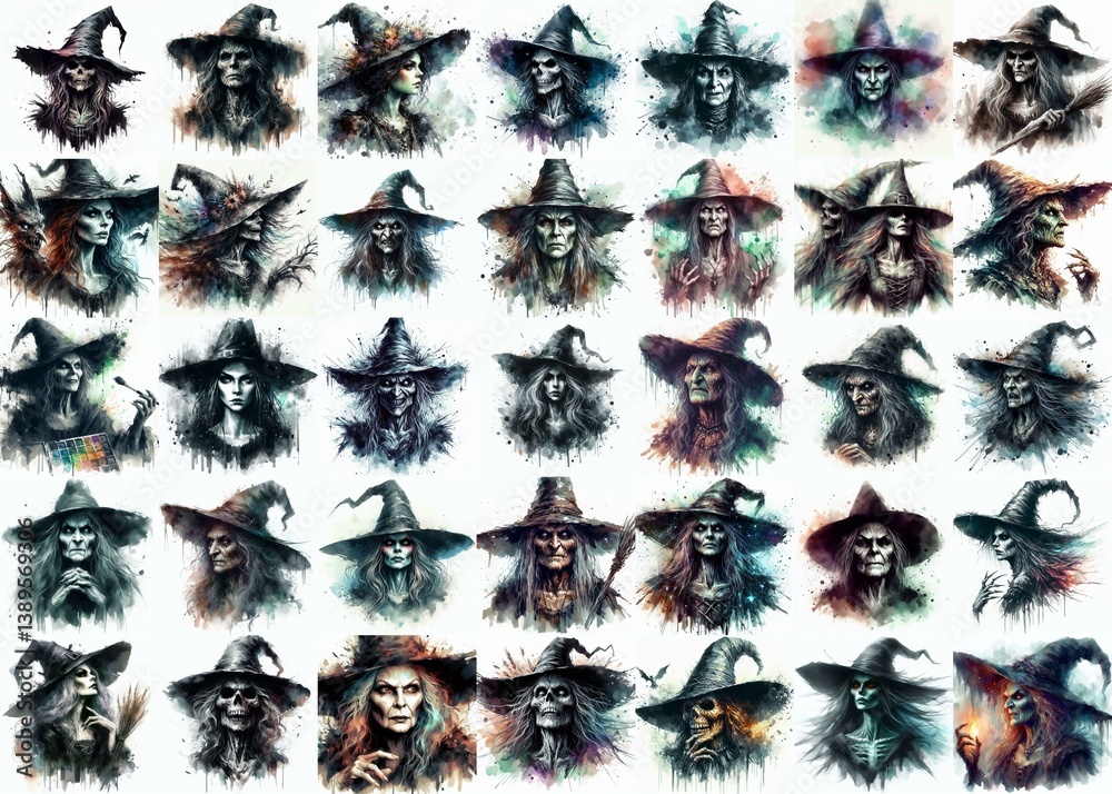 Witch nightmare portrait. Watercolor drawing. AI generated illustration