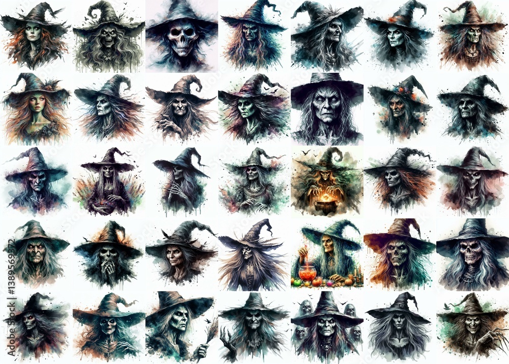 Witch nightmare portrait. Watercolor drawing. AI generated illustration