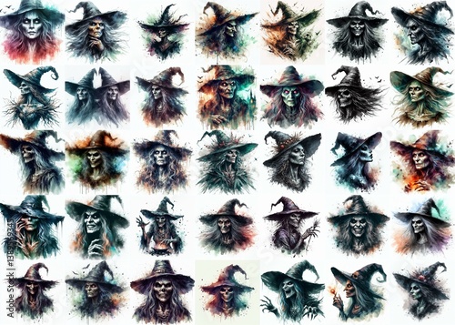 Witch nightmare portrait. Watercolor drawing. AI generated illustration