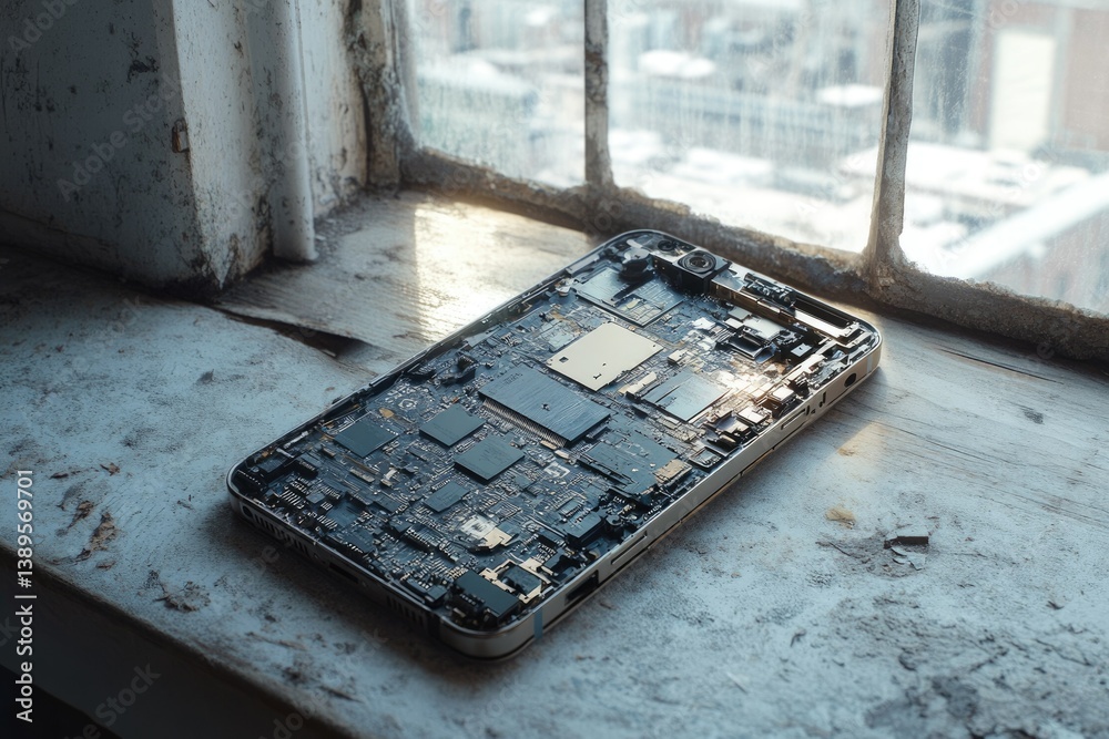 Disassembled smartphone revealing intricate internal components resting on a weathered windowsill with a blurred urban background.