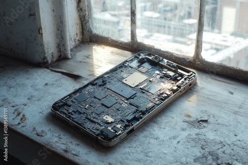 Obraz na płótnie Disassembled smartphone revealing intricate internal components resting on a weathered windowsill with a blurred urban background. w salonie