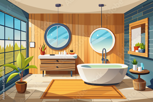 vector of Modern bathroom interior with wooden and concrete walls, tile floor, comfortable white bathtub and double sink with round mirror.