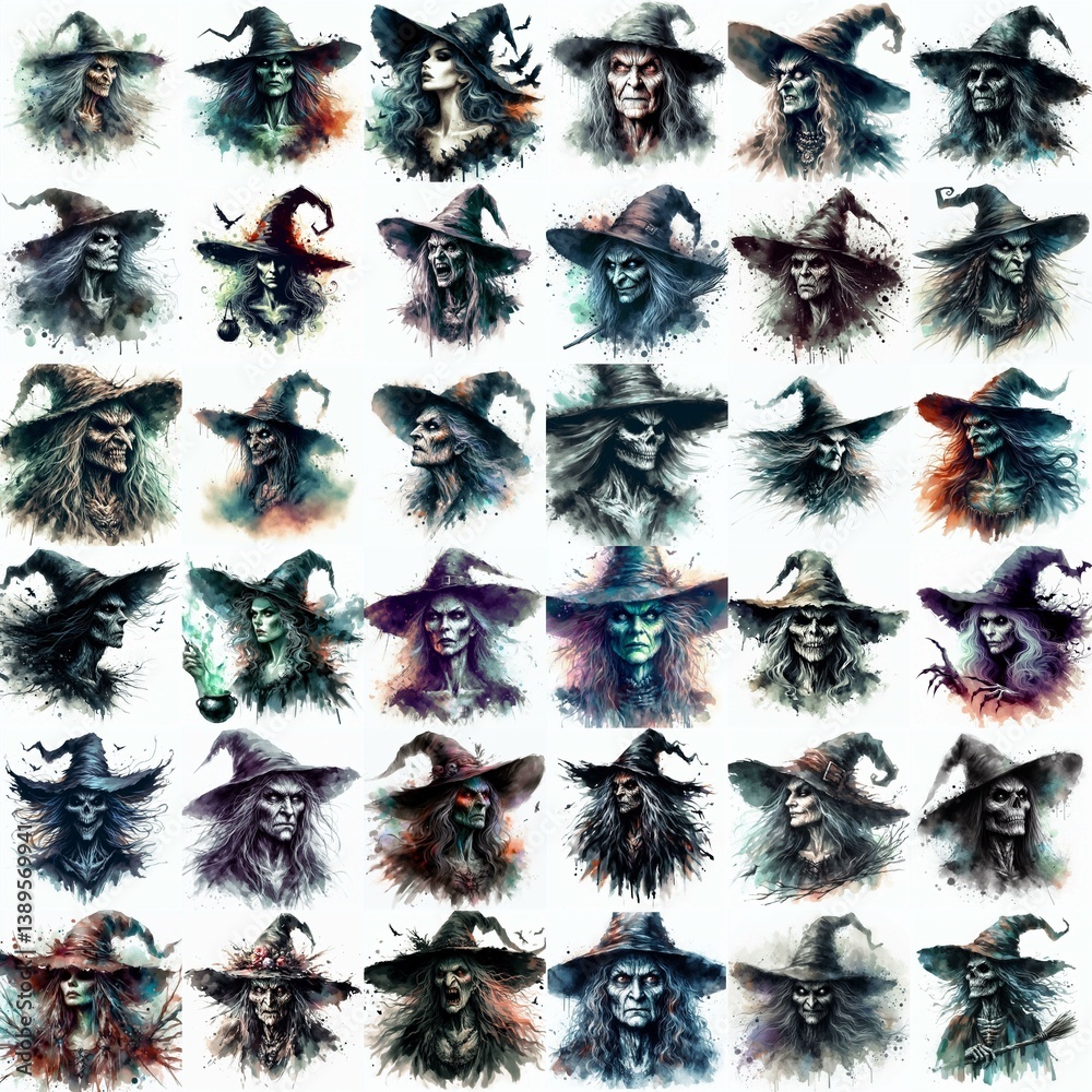 Witch nightmare portrait. Watercolor drawing. AI generated illustration