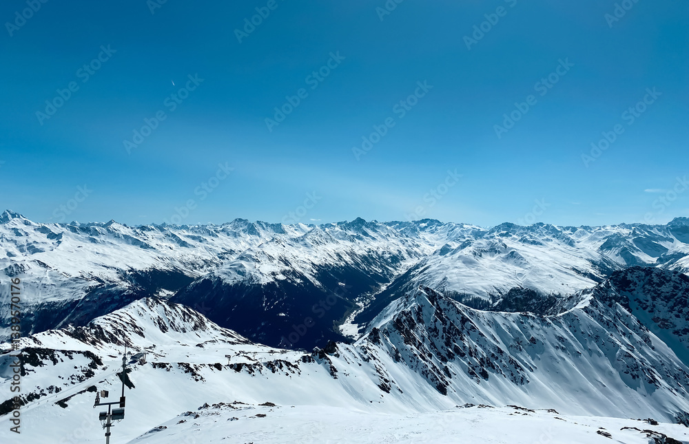Fototapeta premium Switzerland snowy mountains, Davos Kloster, Weissfluhgipfel, Plessur Alps.