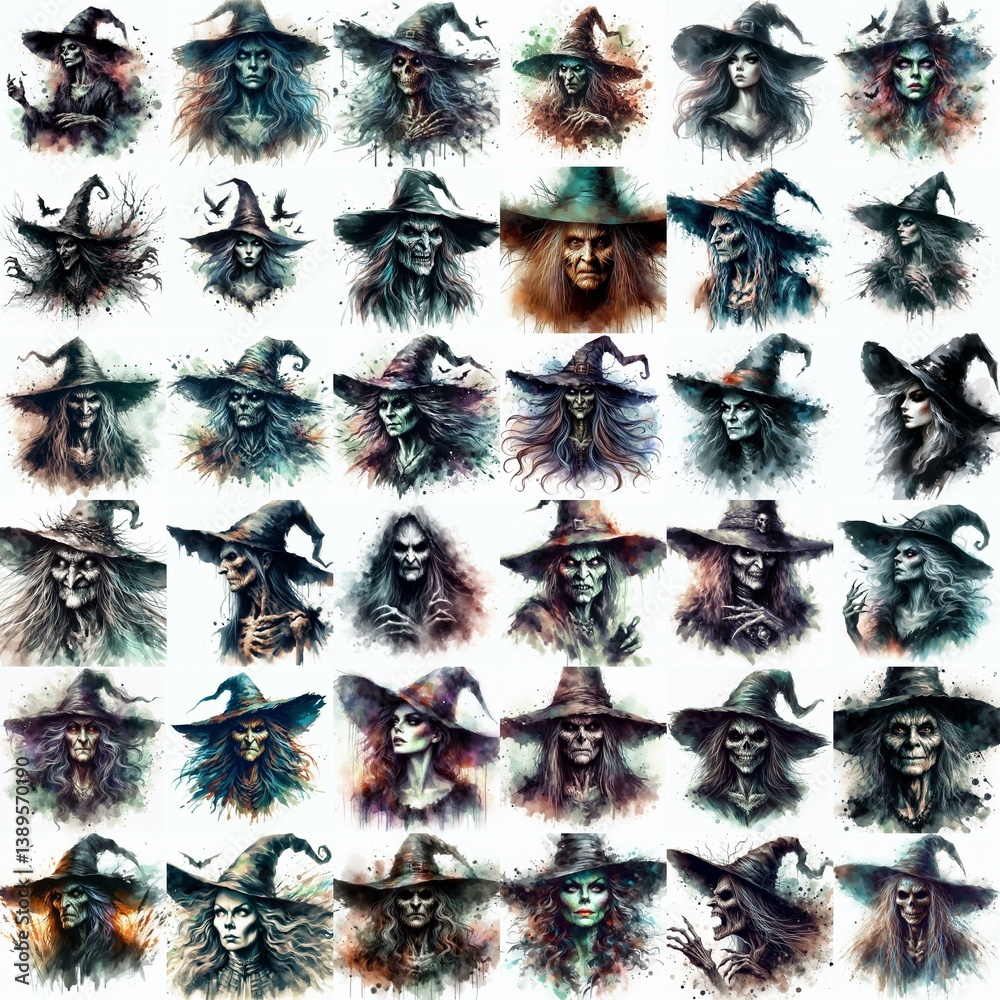 Witch nightmare portrait. Watercolor drawing. AI generated illustration