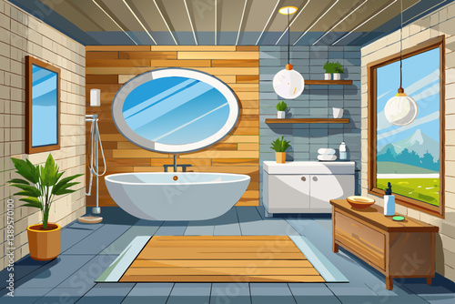 vector of Modern bathroom interior with wooden and concrete walls, tile floor, comfortable white bathtub and double sink with round mirror.
