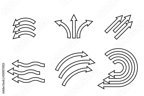 Set of blue arrow showing wind air flow isolated on white background, air direction.