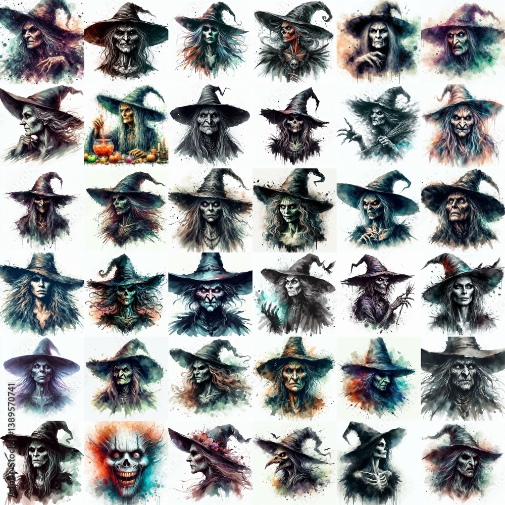 Witch nightmare portrait. Watercolor drawing. AI generated illustration