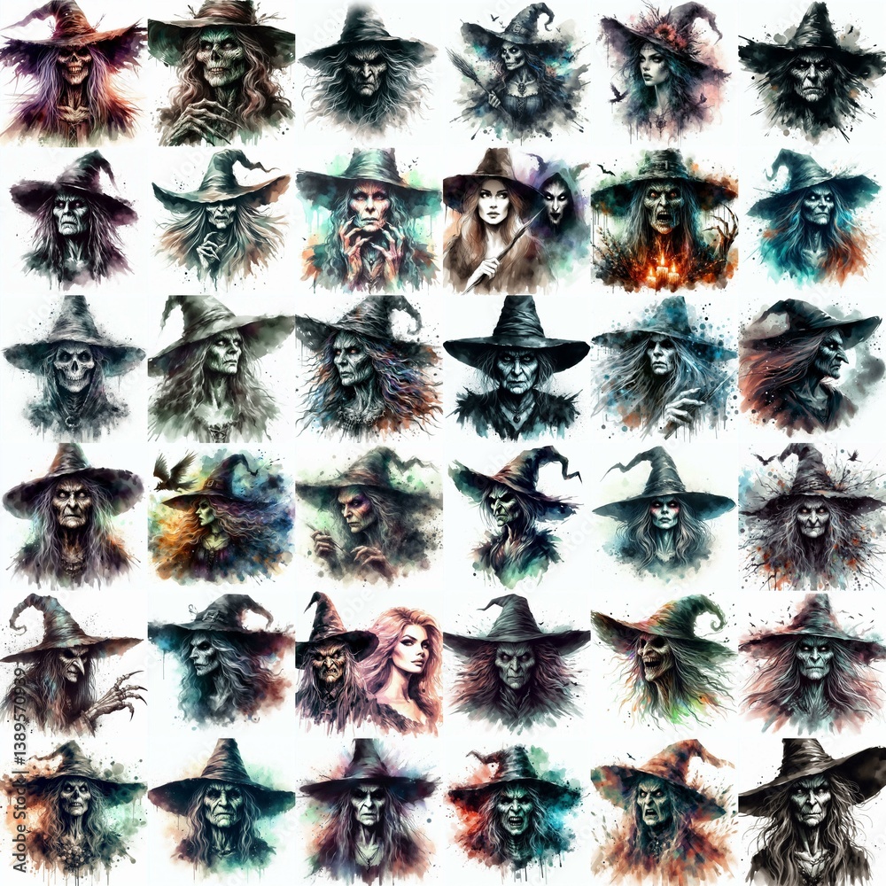 Witch nightmare portrait. Watercolor drawing. AI generated illustration