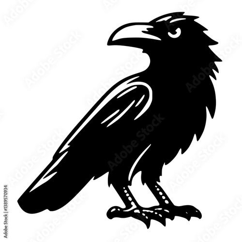 Stylized vector illustration of a raven in silhouette, showcasing intricate feather details and a bold black design.

 photo