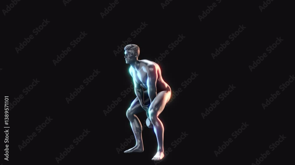 A looping animation of a male 3D character performing kettlebell swings, rendered in a reflective chrome style with an embedded alpha for easy drag and drop. A looping animation of a male 3D character performing kettlebell swings, rendered in a reflective chrome style with an embedded alpha for easy drag and drop.