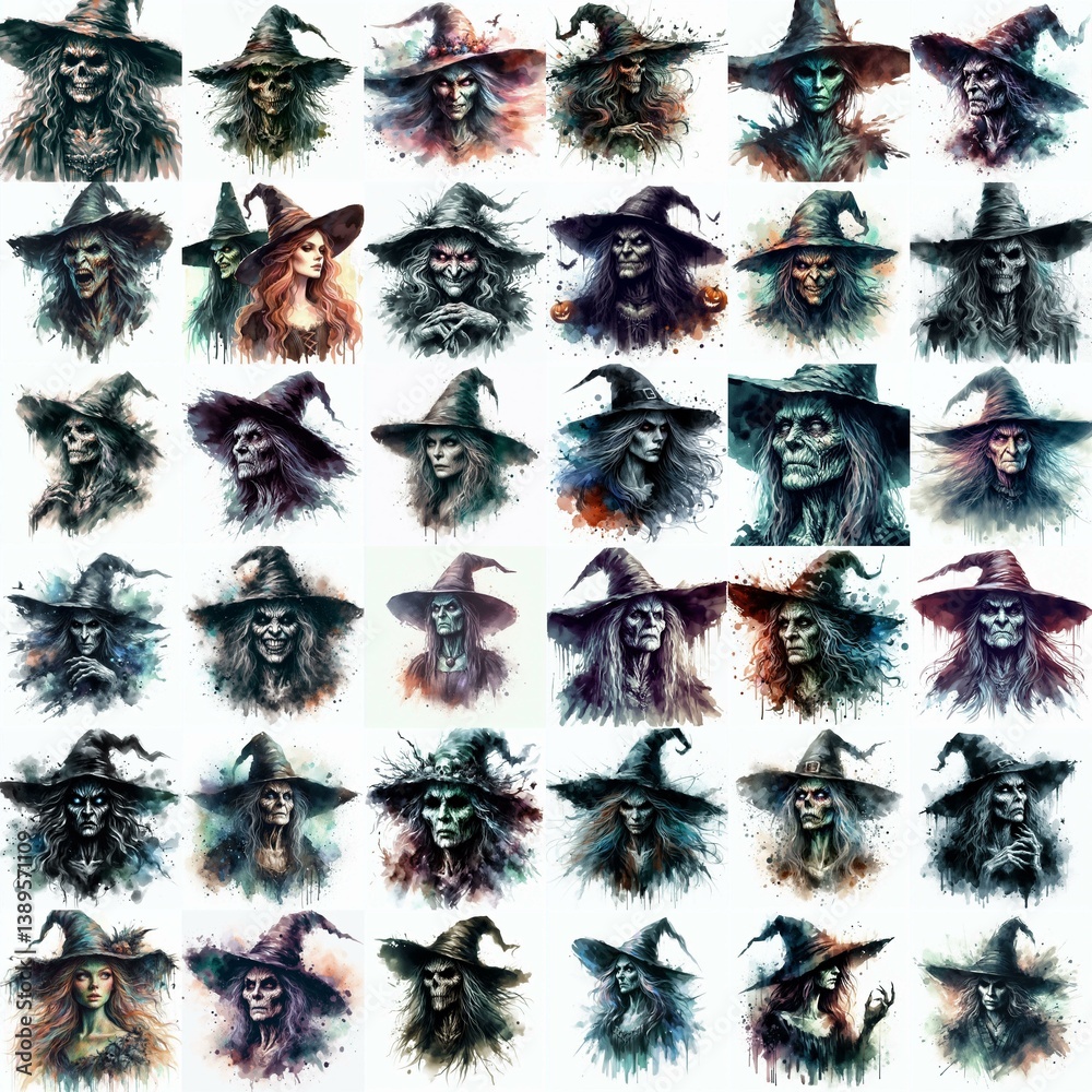 Witch nightmare portrait. Watercolor drawing. AI generated illustration