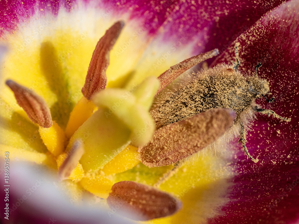 close up of a bug covered with pollen inside of a tulip
