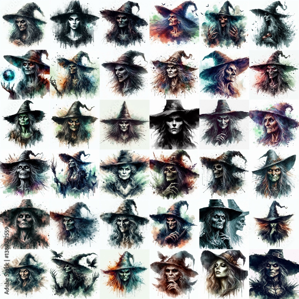 Witch nightmare portrait. Watercolor drawing. AI generated illustration