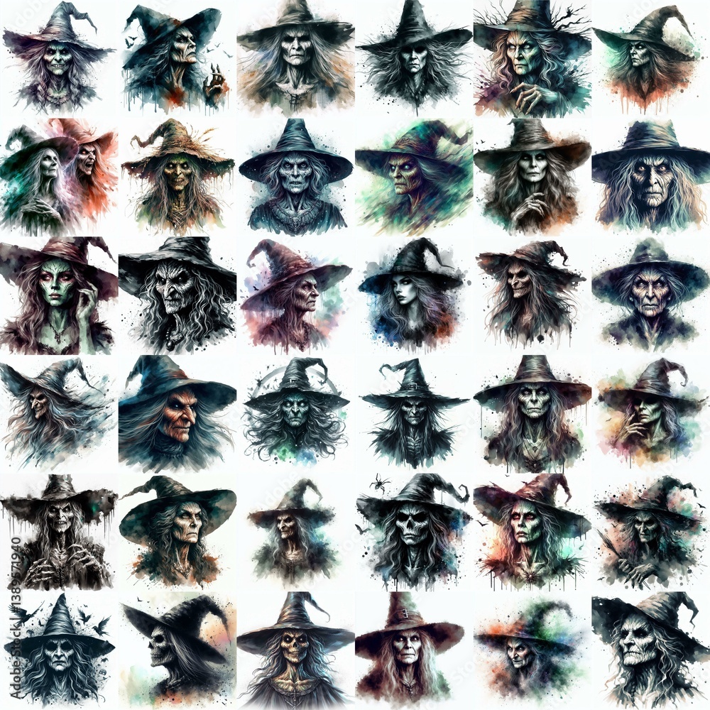 Witch nightmare portrait. Watercolor drawing. AI generated illustration