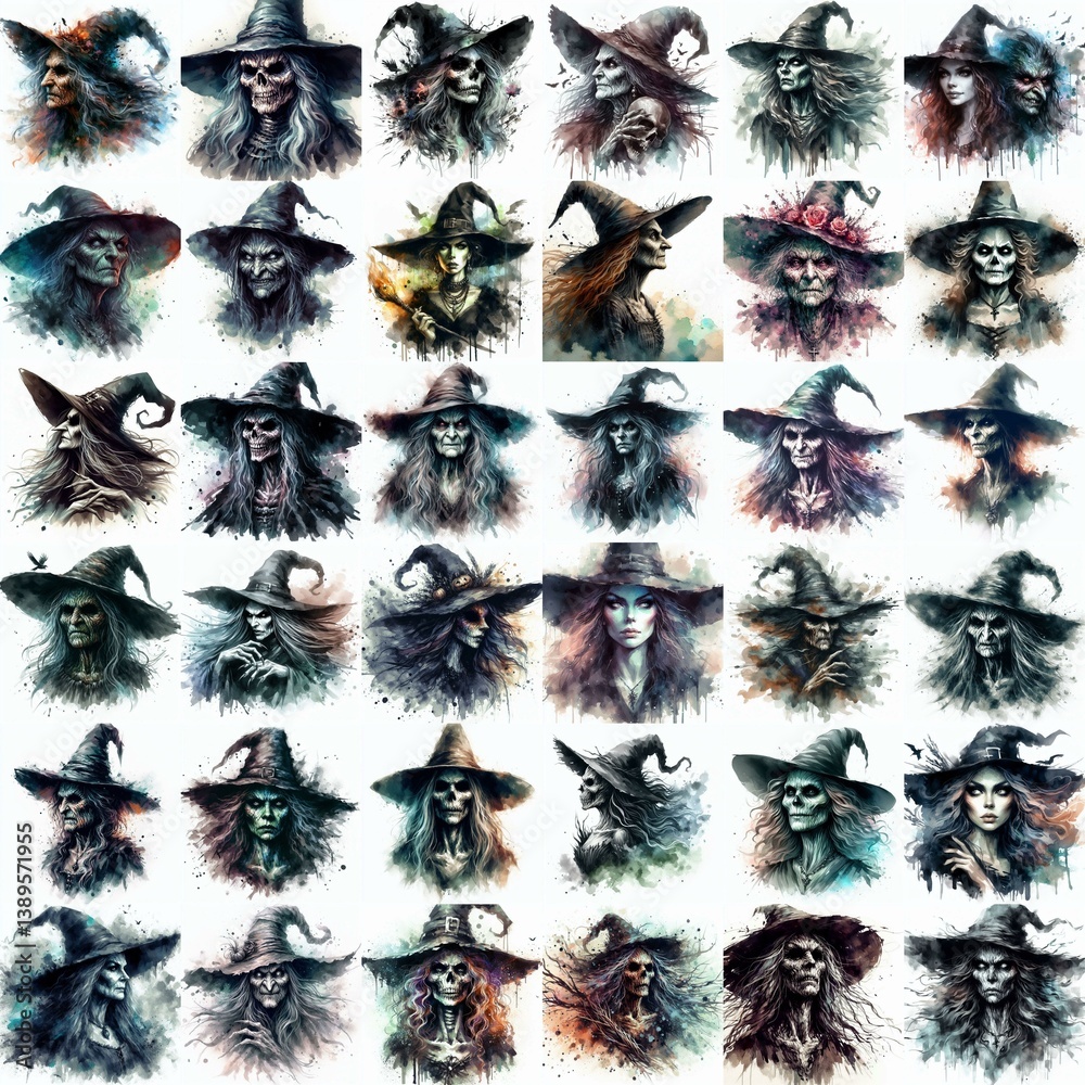 Witch nightmare portrait. Watercolor drawing. AI generated illustration