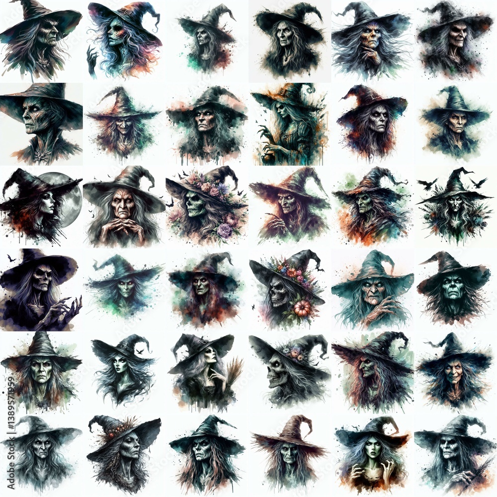 Witch nightmare portrait. Watercolor drawing. AI generated illustration