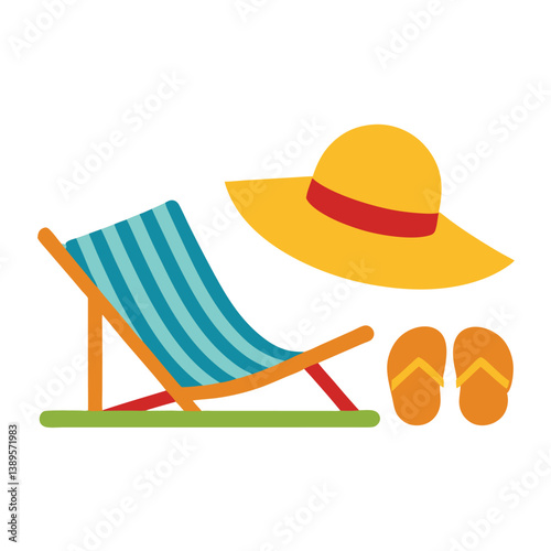 Summer Vacation Essentials Beach Chair, Sun Hat, and Flip-Flops Illustration