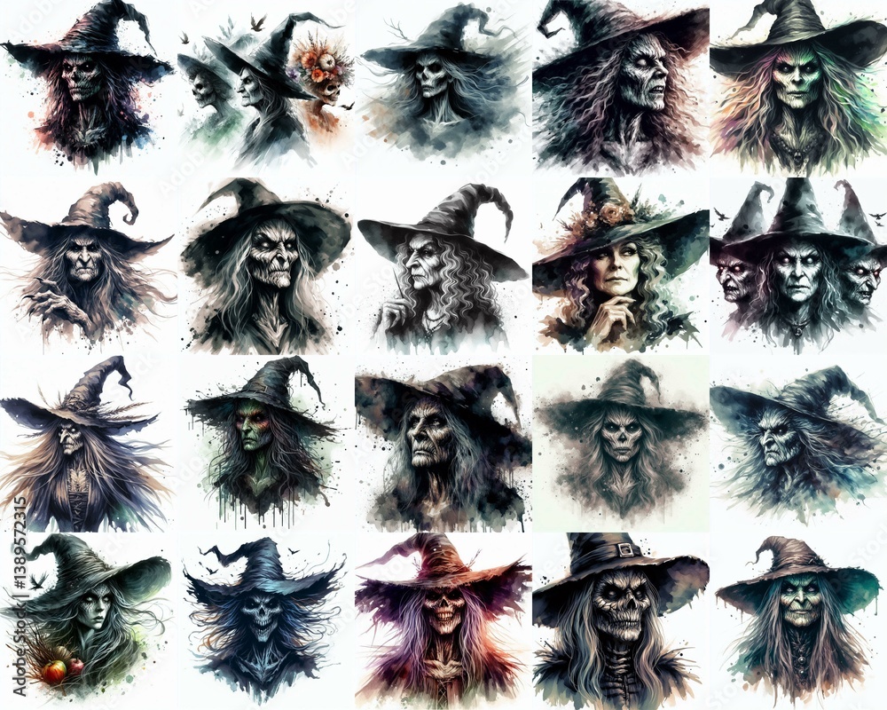 Witch nightmare portrait. Watercolor drawing. AI generated illustration