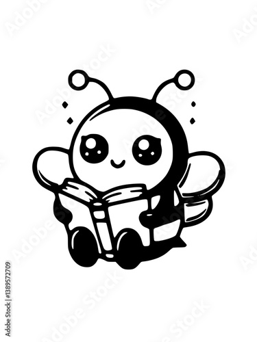 Illustration of a whimsical cartoon bee engrossed in reading a book, evoking a sense of learning, curiosity, and positivity. The monochrome drawing emphasizes playful and educational themes suitable 

