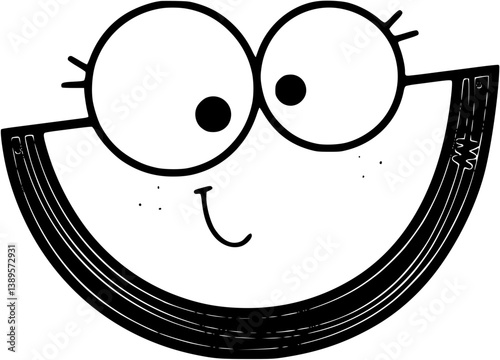 Smiling Cartoon Watermelon Slice with Fun Expression in Monochrome Outline Art


