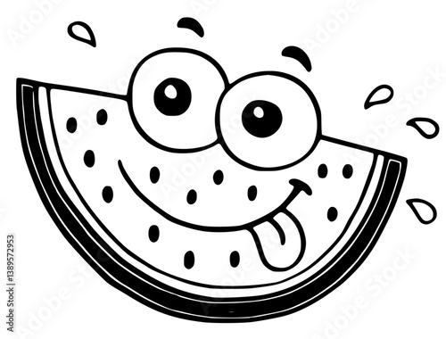 Cheerful cartoon illustration of a watermelon slice with comical facial expression. Ideal for whimsical, child-friendly designs and coloring activities.

