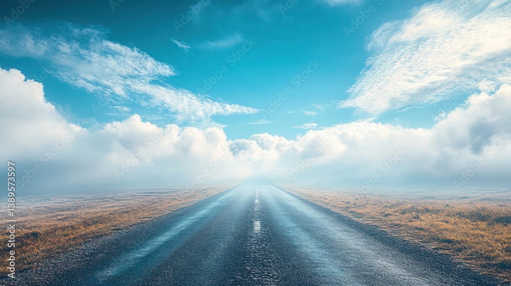 Endless highway vanishing into ethereal clouds against azure sky canvas Endless highway vanishing into ethereal clouds against azure sky canvas