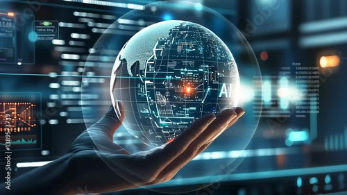 A hand gently holds glowing, intricate sphere displaying 'AI'. The background features tech interfaces, symbolizing integration of human innovation. It conveys progress, technology, , data systems.