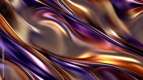 Abstract flowing fabric with shimmering waves of purple, gold, and bronze reflecting light in elegant curves and smooth contours for digital background or texture use