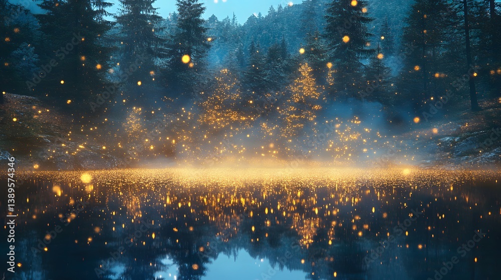 Naklejka premium Magical fireflies illuminate misty forest lake at dusk