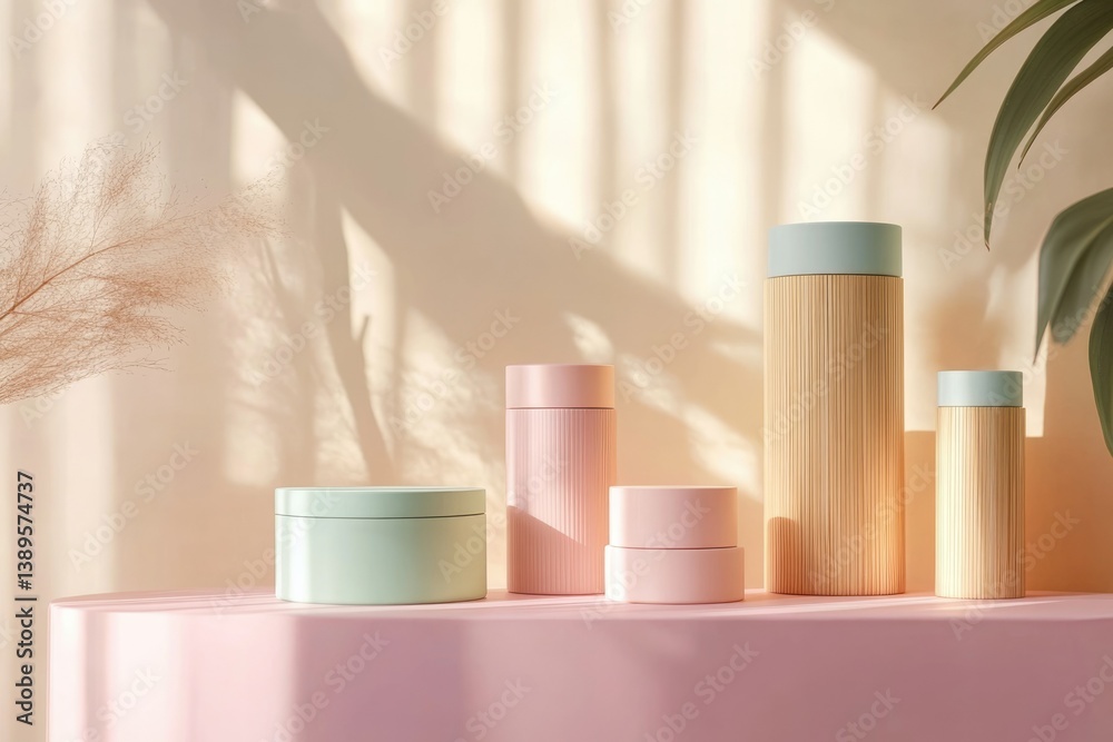 A pastel assortment of minimalist cosmetic containers sit elegantly on a pink surface with natural light and plant shadows. A pastel assortment of minimalist cosmetic containers sit elegantly on a pink surface with natural light and plant shadows.