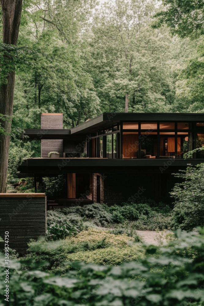 Contemporary architectural designs seamlessly blend with the enchanting beauty of nature, set against a vibrant, lush forest backdrop during the summer season Contemporary architectural designs seamlessly blend with the enchanting beauty of nature, set against a vibrant, lush forest backdrop during the summer season