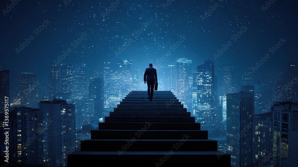 Businessman Climbing a Staircase in a Glowing Cityscape at Night Businessman Climbing a Staircase in a Glowing Cityscape at Night
