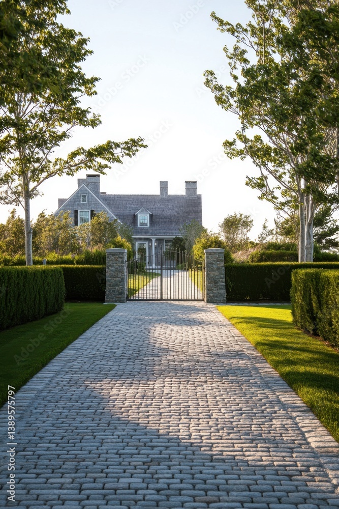 A picturesque cobblestone pathway winds its way toward a delightful house, which is enveloped by vibrant greenery in a serene, sun-drenched environment A picturesque cobblestone pathway winds its way toward a delightful house, which is enveloped by vibrant greenery in a serene, sun-drenched environment