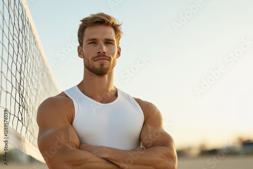 Confident athlete stands by volleyball net showcasing strength a