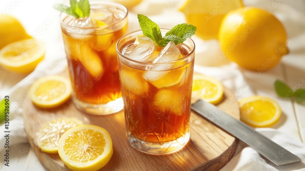 Iced tea with lemon and mint on a wooden board Iced tea with lemon and mint on a wooden board
