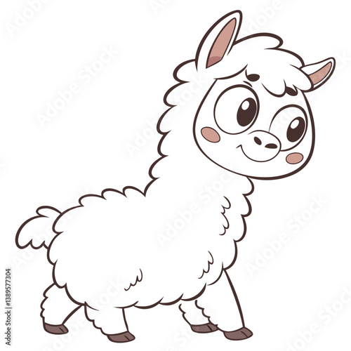 A cute wooly alpaca with a fluffy white coat stands isolated on a white background, showcasing a joyful expression and big, round eyes. This charming creature exudes warmth and friendliness