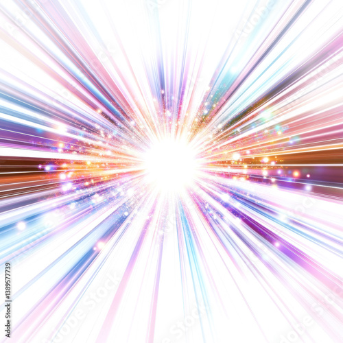 Vibrant light burst explosion radiating energy pastel rainbow colors bright sparkles dynamic motion abstract art