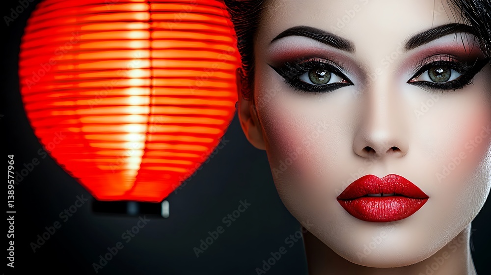 A beautiful woman with vibrant makeup next to a glowing lantern