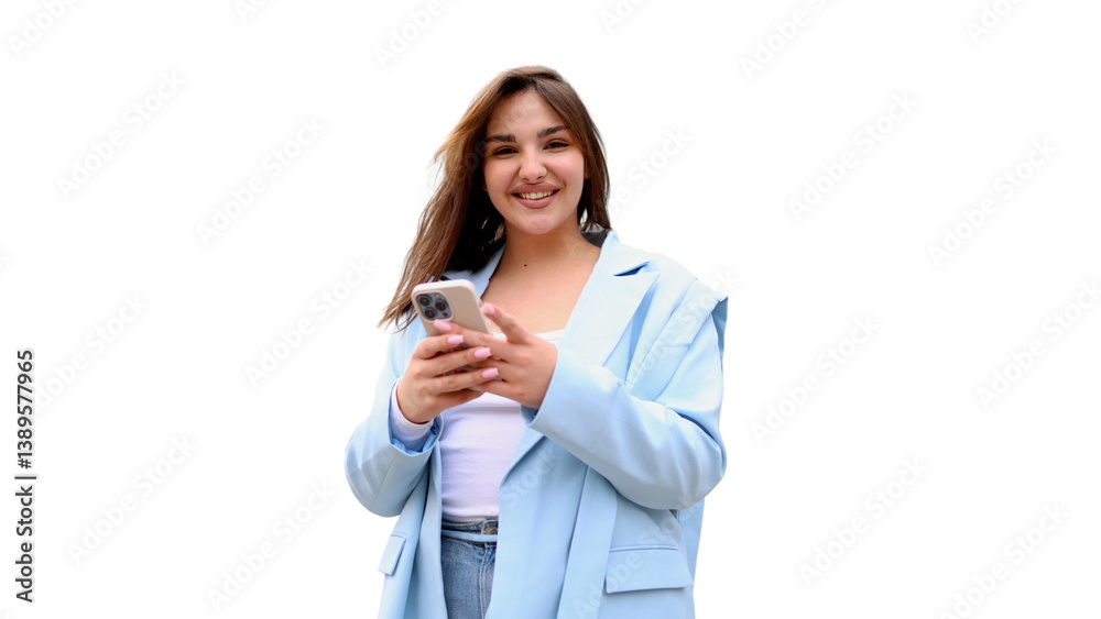 Young businesswoman is using her smartphone and smiling on a transparent background Young businesswoman is using her smartphone and smiling on a transparent background