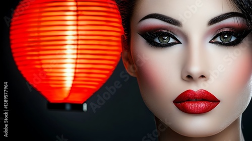 A beautiful woman with vibrant makeup next to a glowing lantern