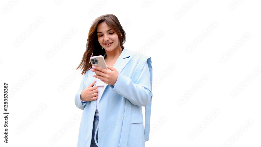 Young businesswoman using her smartphone with transparent background Young businesswoman using her smartphone with transparent background