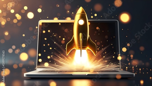 Laptop Rocket Launch with Sparkle: Digital Growth Concept