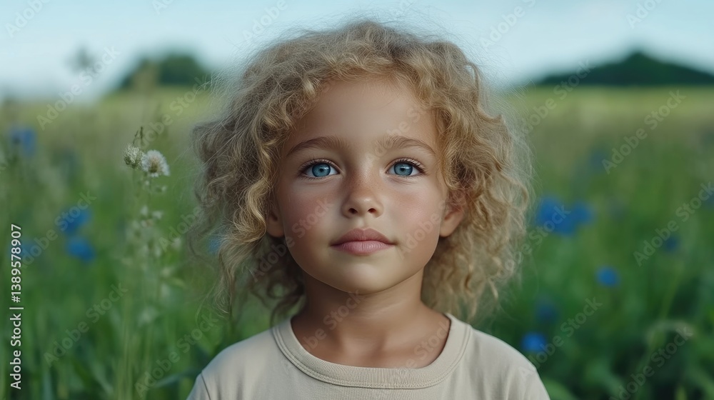 Child in field of wildflowers, thoughtful expression Child in field of wildflowers, thoughtful expression