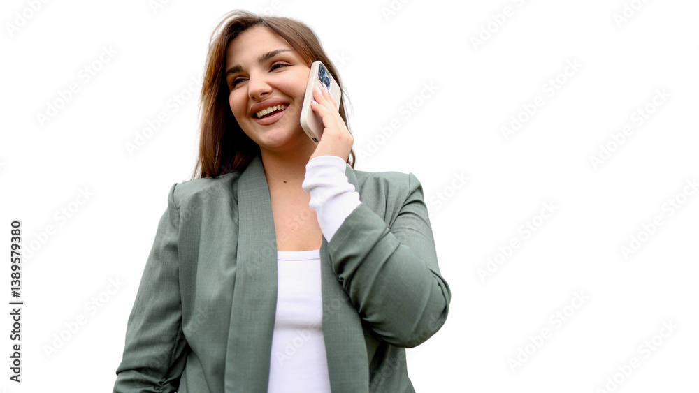 Cheerful businesswoman talking on smartphone, enjoying pleasant conversation, isolated on transparent background Cheerful businesswoman talking on smartphone, enjoying pleasant conversation, isolated on transparent background